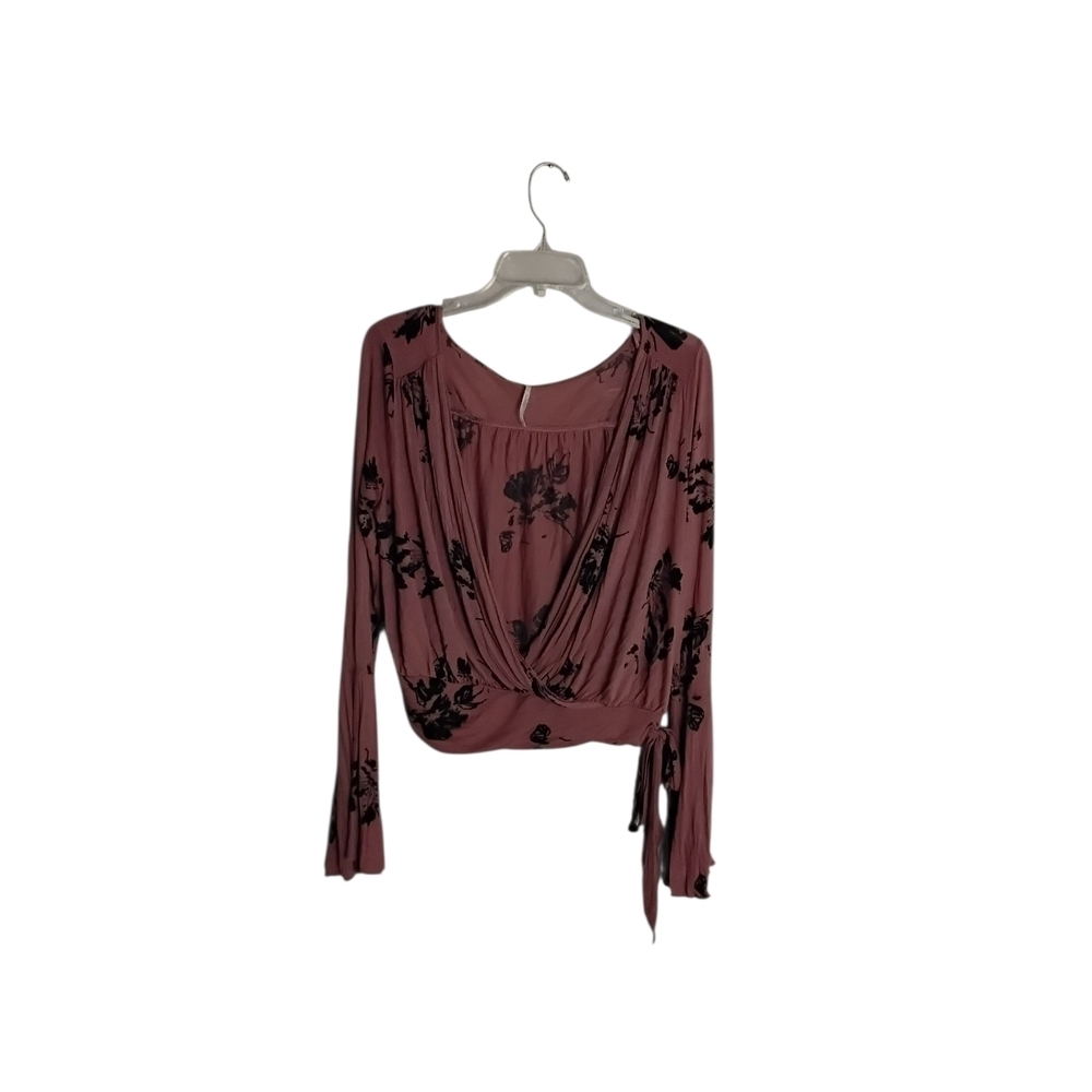 Free People Women's M Mauve Black Floral Print Wrap Long Sleeve Top